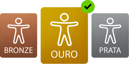 Selos de usabilidade e acessibilidade: bronze, prata e ouro com Homem de Vitrúvio e check verde.